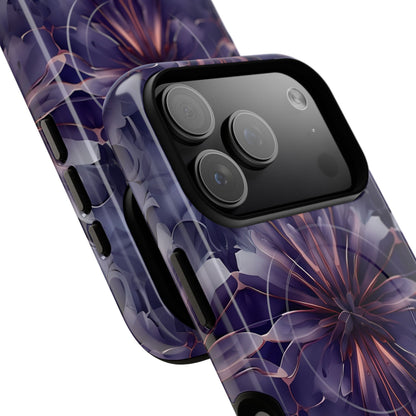 Angled view of Twilight Tapestry iPhone MagSafe protective phone case with large camera cutout