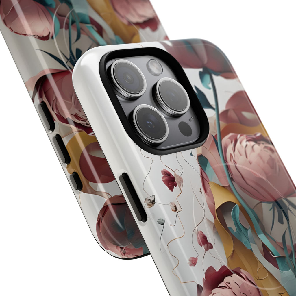 Blushing Peony Veil - Elegant Painterly Floral iPhone 15 Pro Max MagSafe Phone Case - Soft Blush & Teal Peony Design