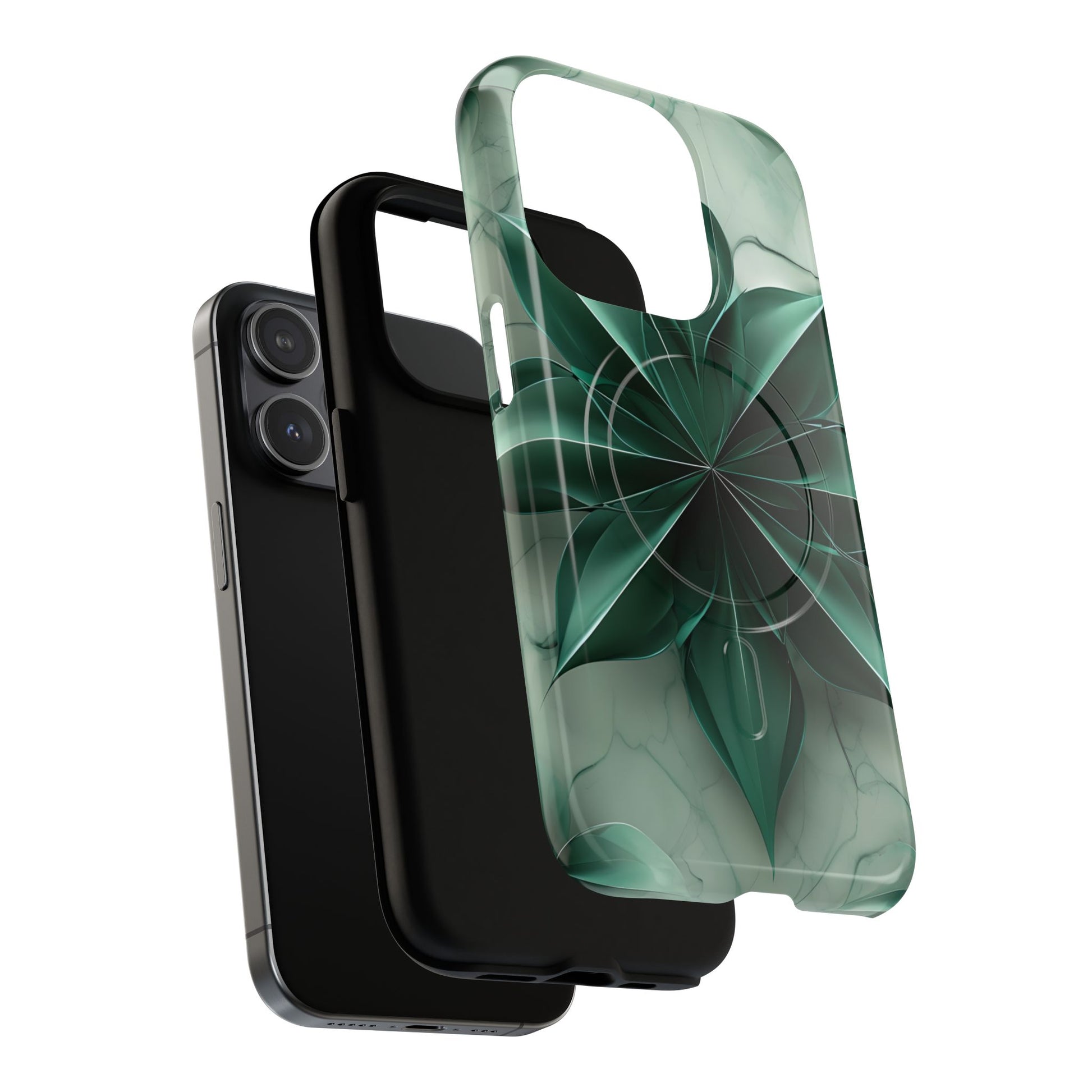 Emerald Bloom iPhone 15 Pro MagSafe Phone Case -Modern Symmetrical Floral Design, Green