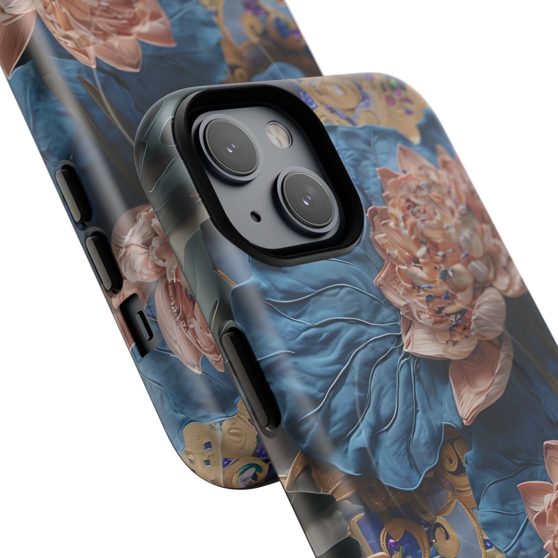 Peony Midnight Tapestry - iPhone 14 - MagSafe Compatible - Elegant Blue & Blush Artful Phone Cover