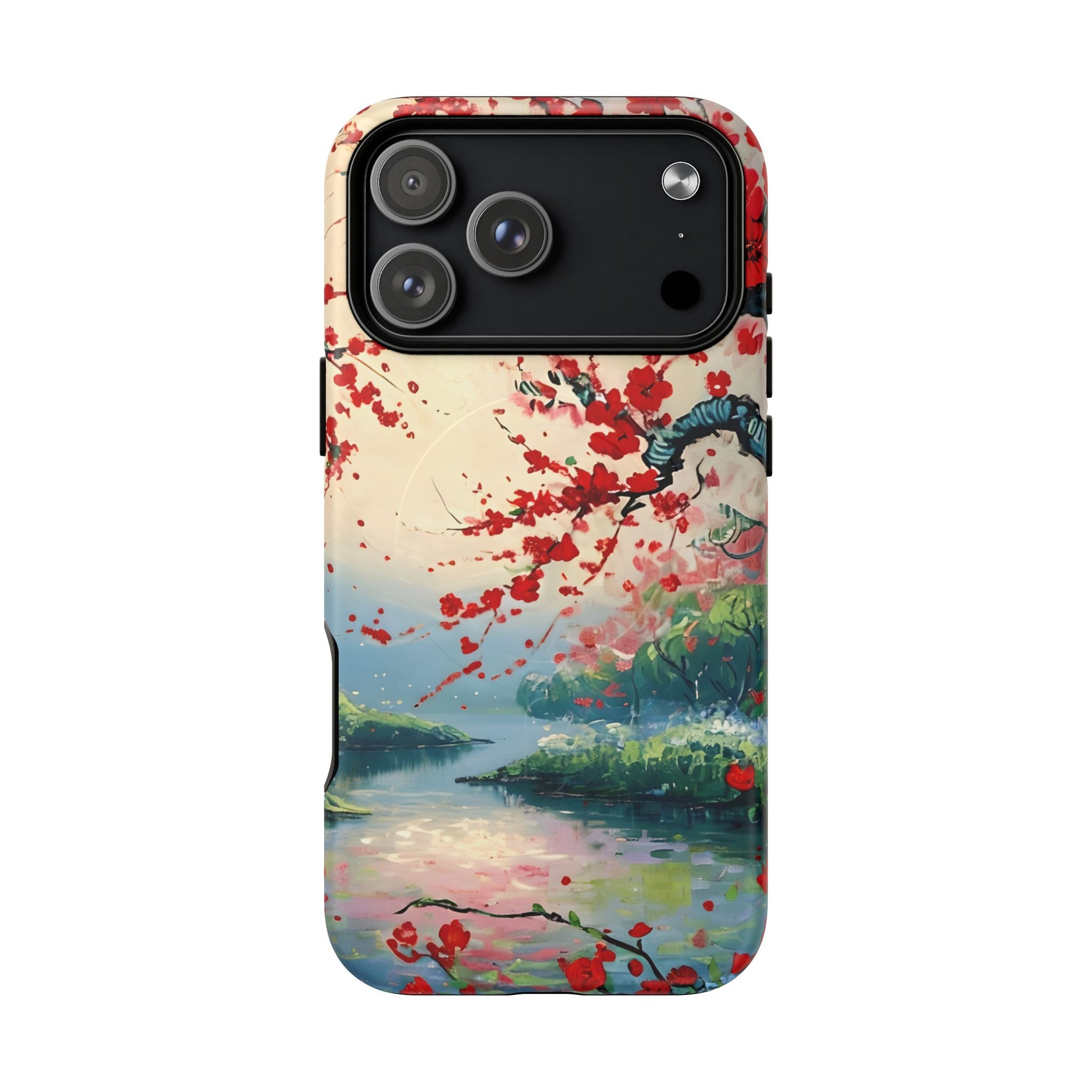 Crimson Blossom Lake iPhone MagSafe case with large camera cutout for Pro models