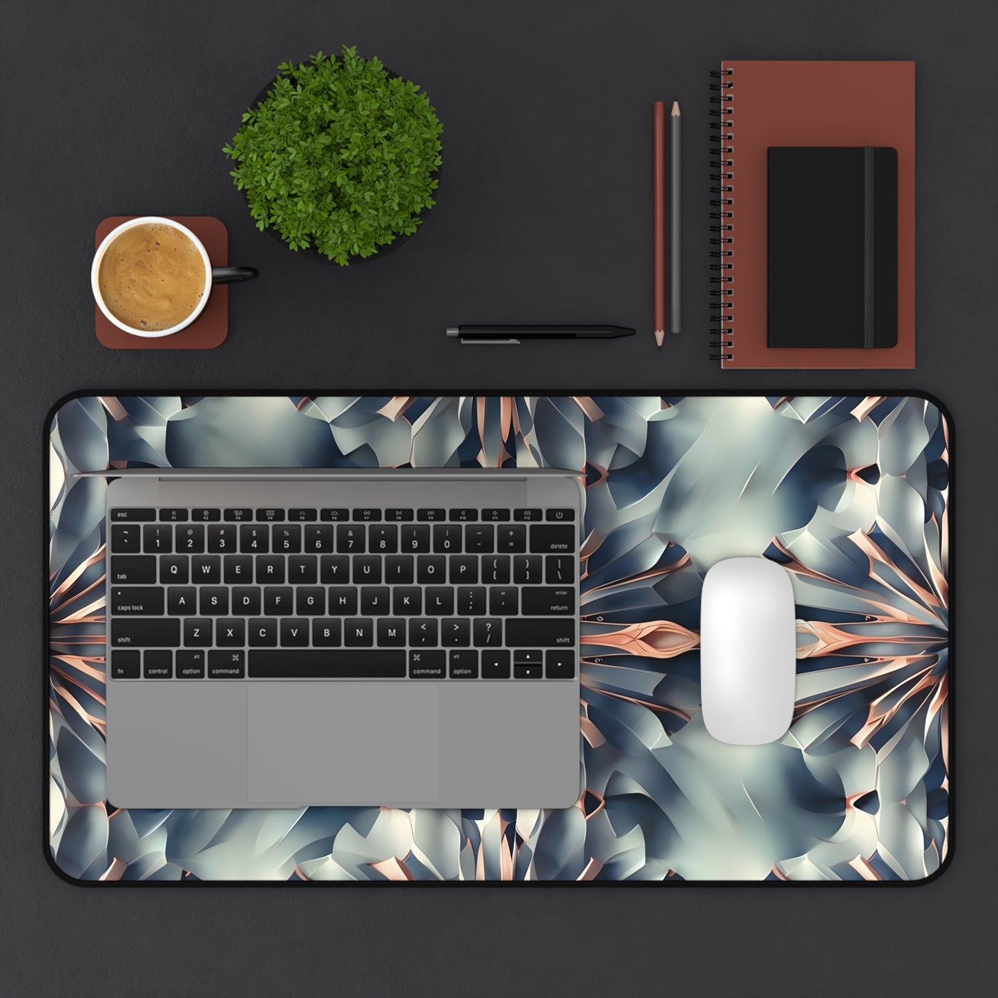 Obsidian Kaleidoscope desk mat in workspace with keyboard showing geometric kaleidoscope design