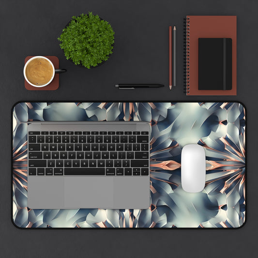 Obsidian Kaleidoscope desk mat in workspace with keyboard showing geometric kaleidoscope design