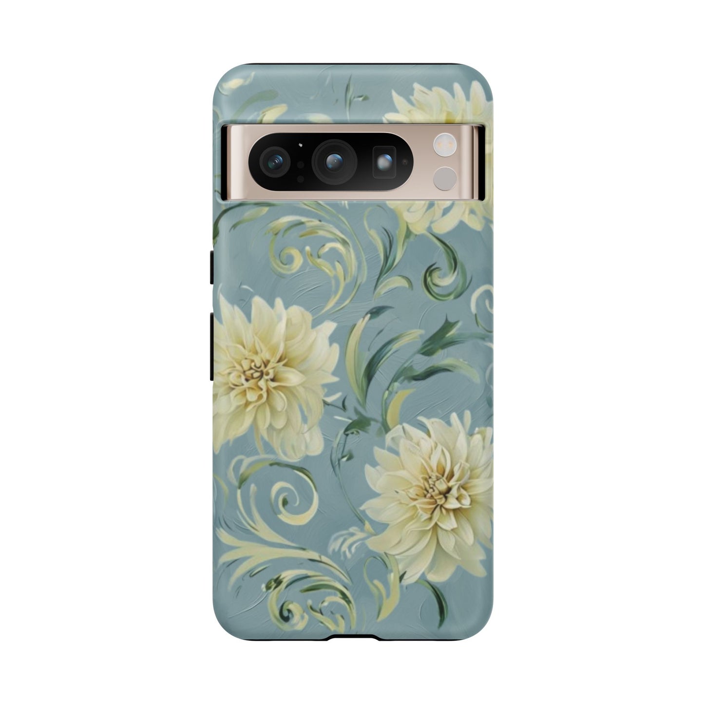 Golden Dahlia Trio - Elegant Floral Google Pixel Tough Phone Case - Artistic White & Blue Dahlia Design