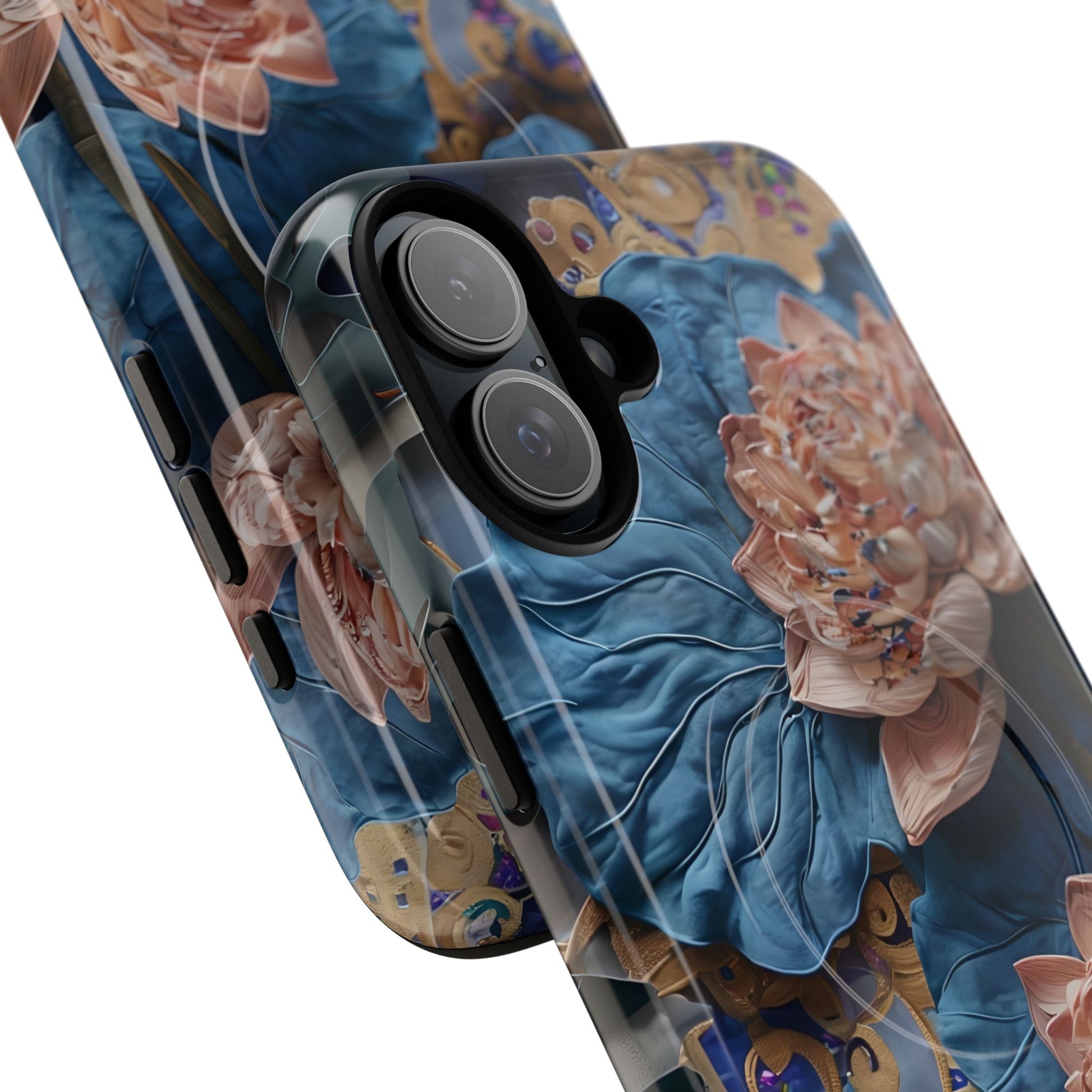 Peony Midnight Tapestry - iPhone 16 Plus - MagSafe Compatible - Elegant Blue & Blush Artful Phone Cover