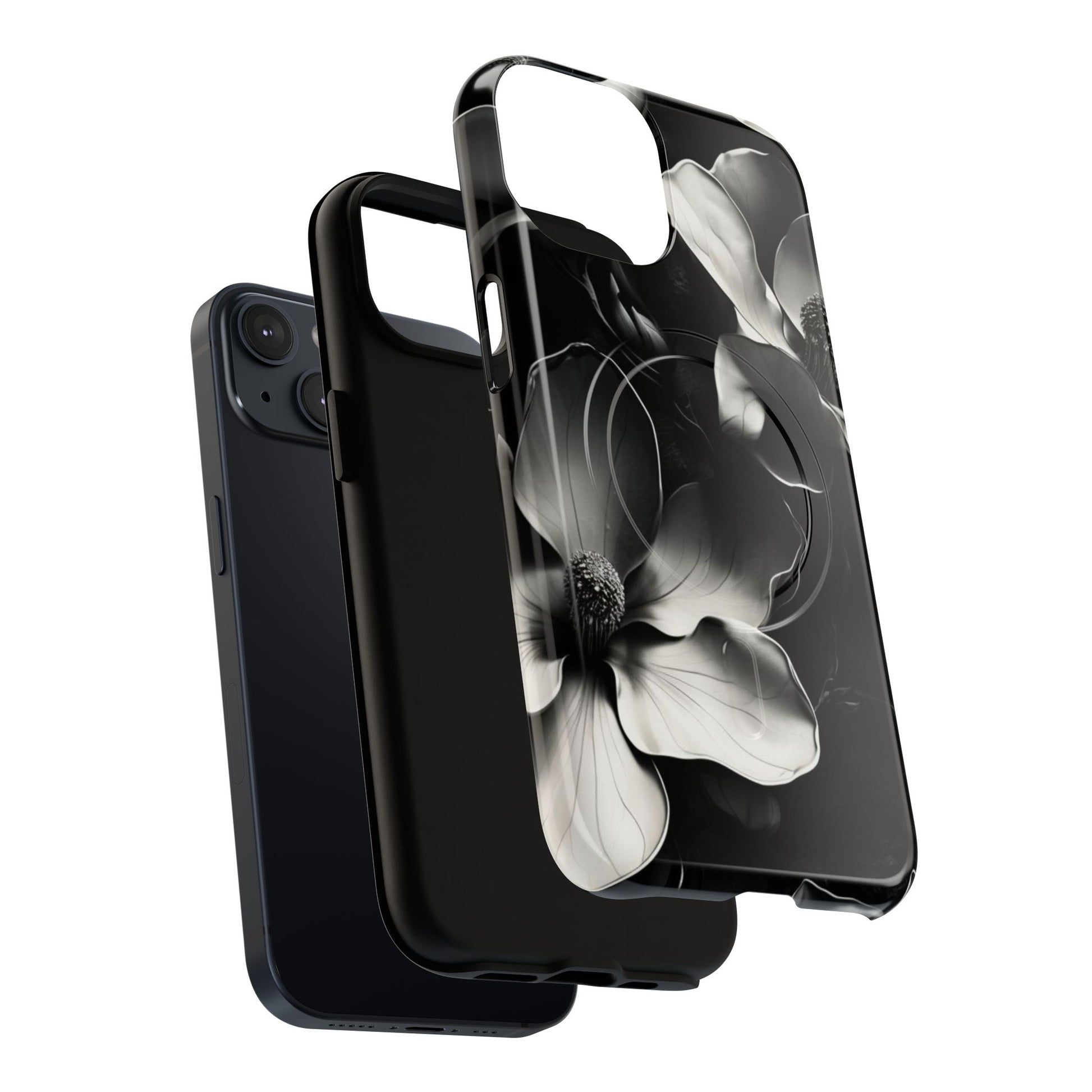 Monochrome Magnolia - Elegant Black & White Floral iPhone 14 MagSafe Phone Case - Artistic Magnolia Design