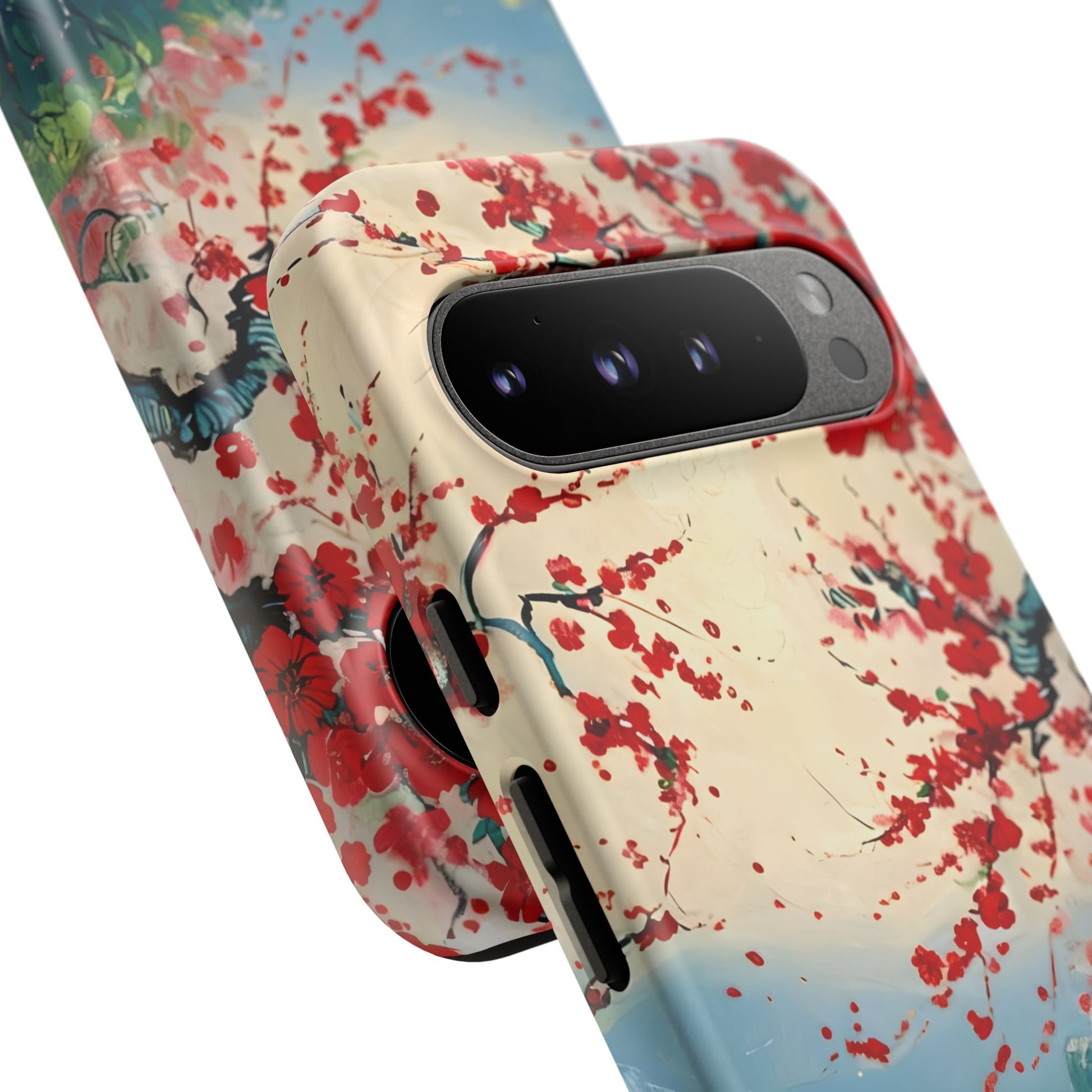 Crimson Blossom Lake - Artistic Floral Landscape Google Pixel 9 Pro XL Tough Phone Case - Red Cherry Blossoms & Serene Lake Design