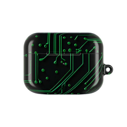 Green Circuit Grid AirPod Case - Green & Black Computer Design Earbud Cover for Gen 1, 2, 3, Pro Gen 1 & 2