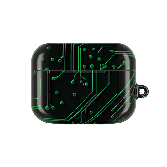 Green Circuit Grid AirPod Case - Green & Black Computer Design Earbud Cover for Gen 1, 2, 3, Pro Gen 1 & 2