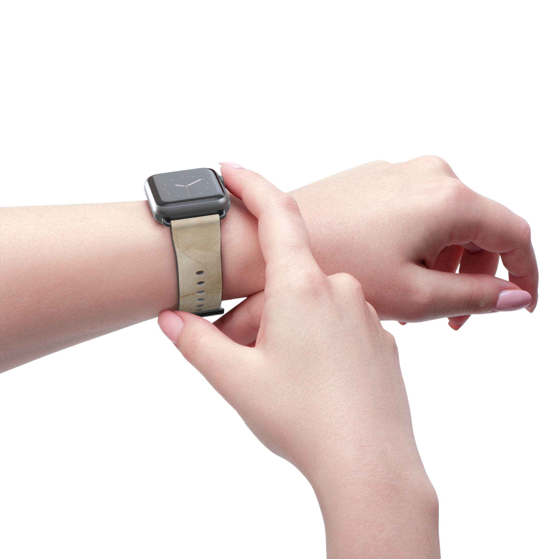Parchment Mist Apple Watch band worn on wrist featuring soft neutral parchment marble artwork