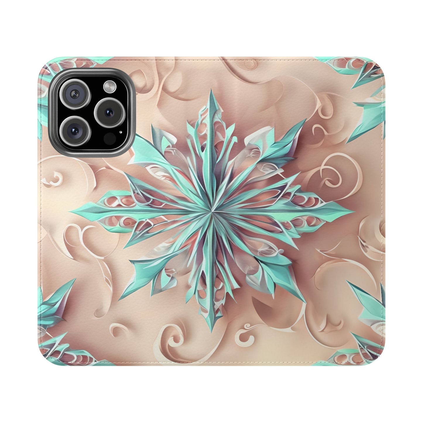 Frosted Petals iPhone Wallet Case - Soft Floral Kaleidoscope Design in Blush & Aqua