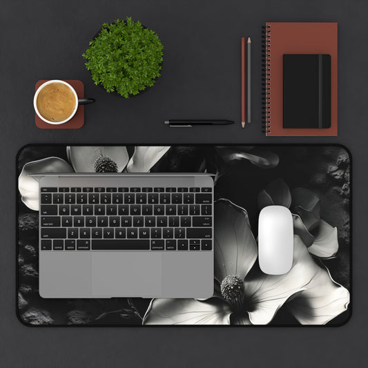 Monochrome Magnolia desk mat in workspace with keyboard showing magnolia flower design