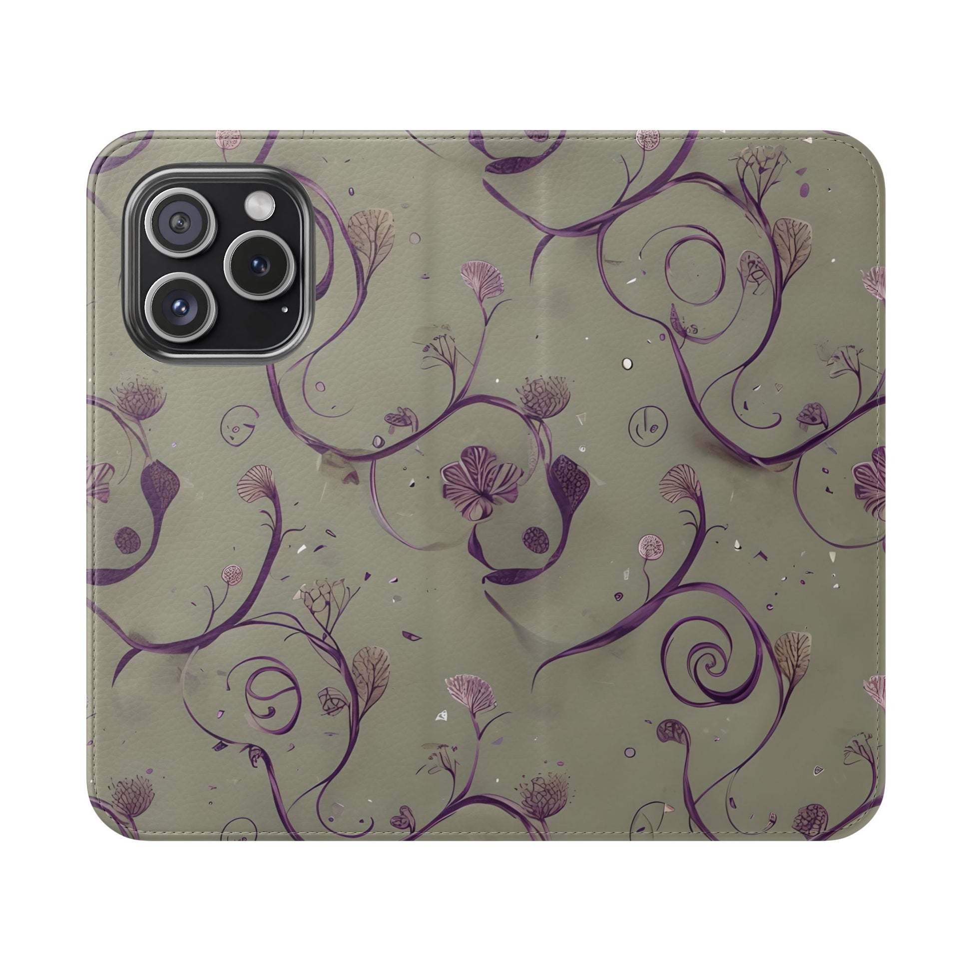 Twilight Thistle Bloom Wallet Phone Case - Elegant Purple Floral Vine Flip Cover for iPhone 15 Pro
