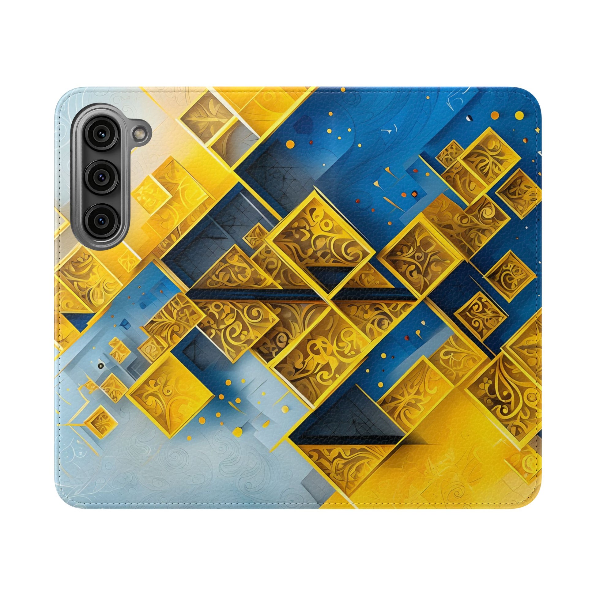 Golden Ascent Wallet Phone Case - Abstract Yellow & Blue Flip Cover for Samsung Galaxy S23