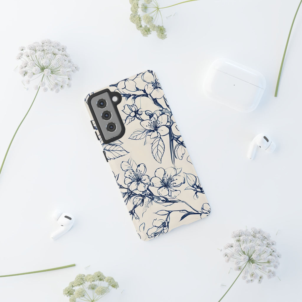 Blossom Sketch - Artistic Blue Floral Samsung Galaxy S21 Tough Phone Case - Hand-Drawn Botanical Design