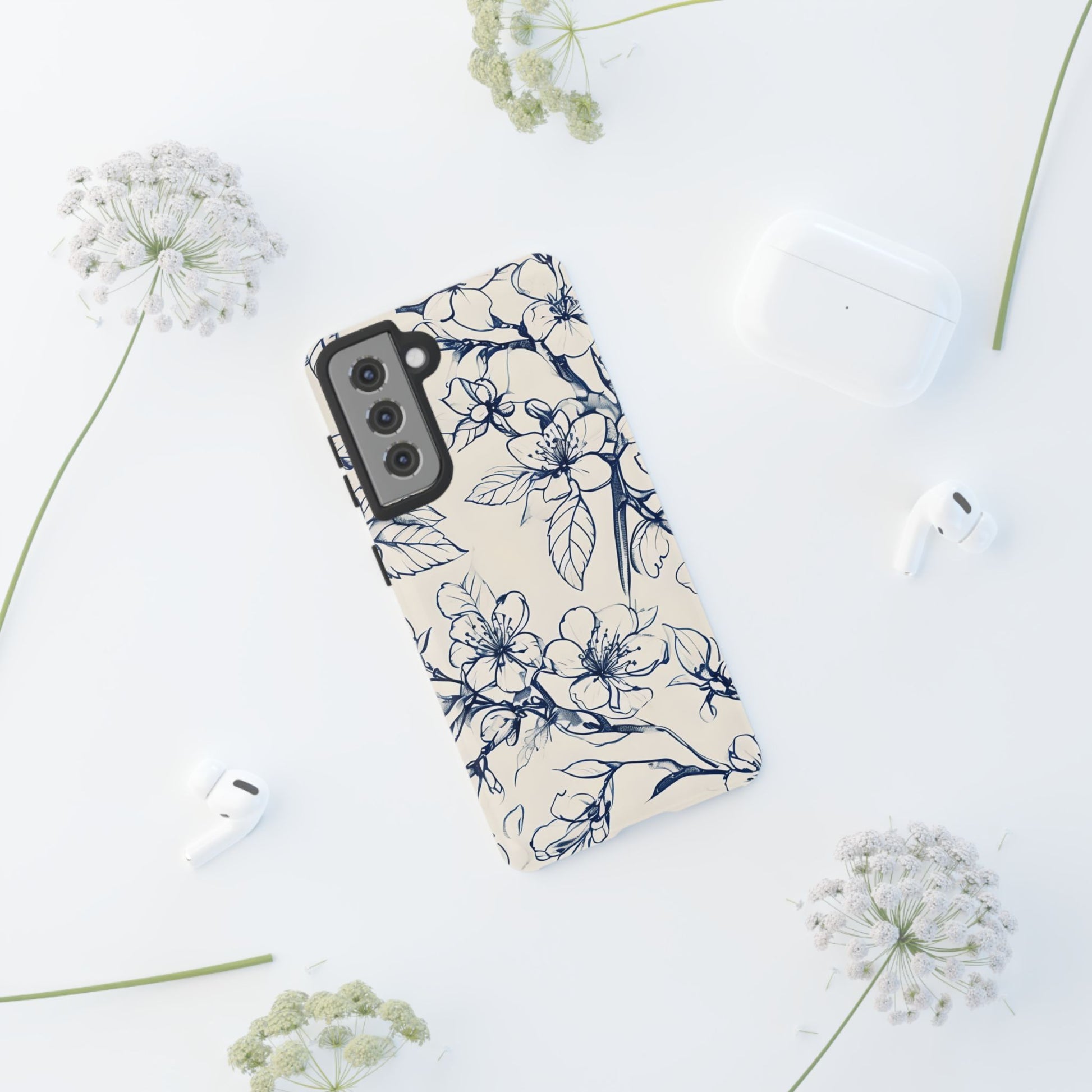 Blossom Sketch - Artistic Blue Floral Samsung Galaxy S21 Tough Phone Case - Hand-Drawn Botanical Design