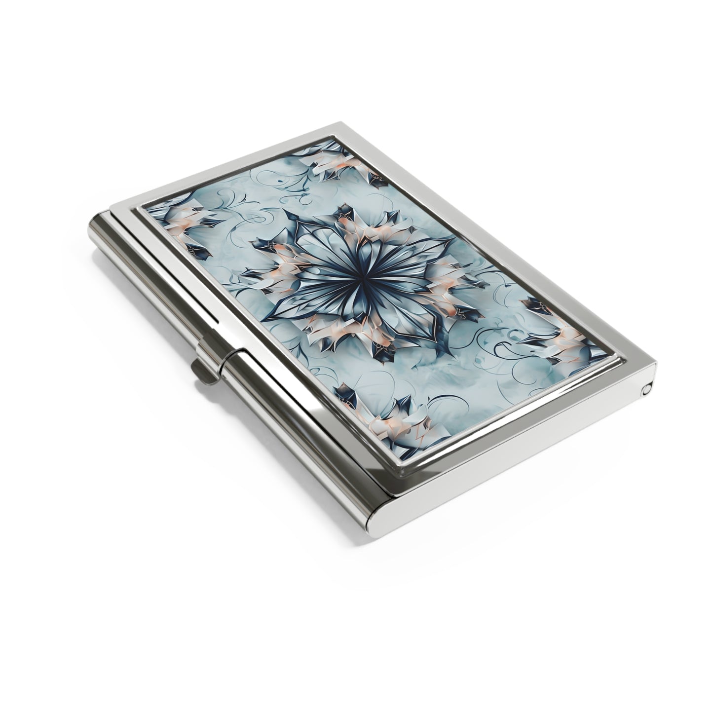 Indigo Mirage blue geometric floral design business card holder closed angled view