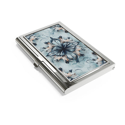 Indigo Mirage blue geometric floral design business card holder closed angled view