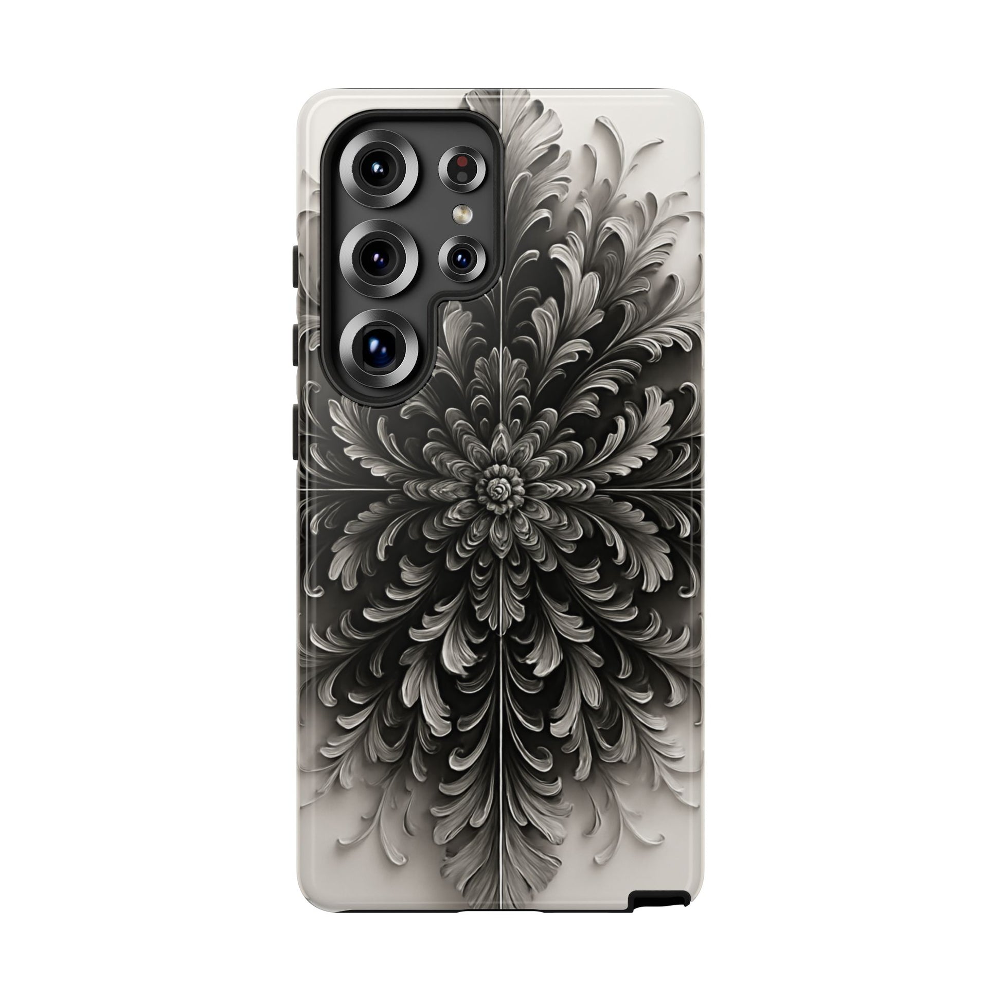 Obsidian Bloom - Elegant Black & White Samsung Galaxy S25 Ultra Tough Phone Case - Intricate Mandala Flower Design