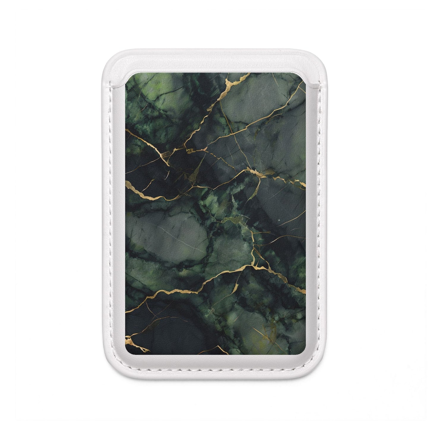 Verdant Vein MagSafe card holder with dark green marble and gold vein design on white magnetic wallet.