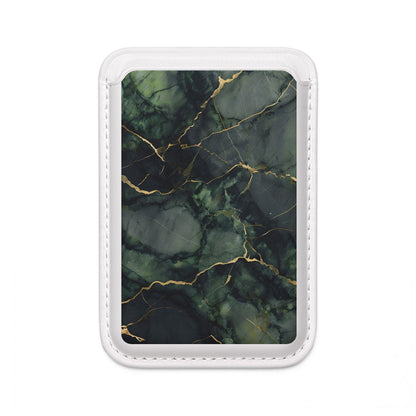 Verdant Vein MagSafe card holder with dark green marble and gold vein design on white magnetic wallet.