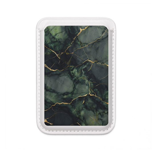 Verdant Vein MagSafe card holder with dark green marble and gold vein design on white magnetic wallet.