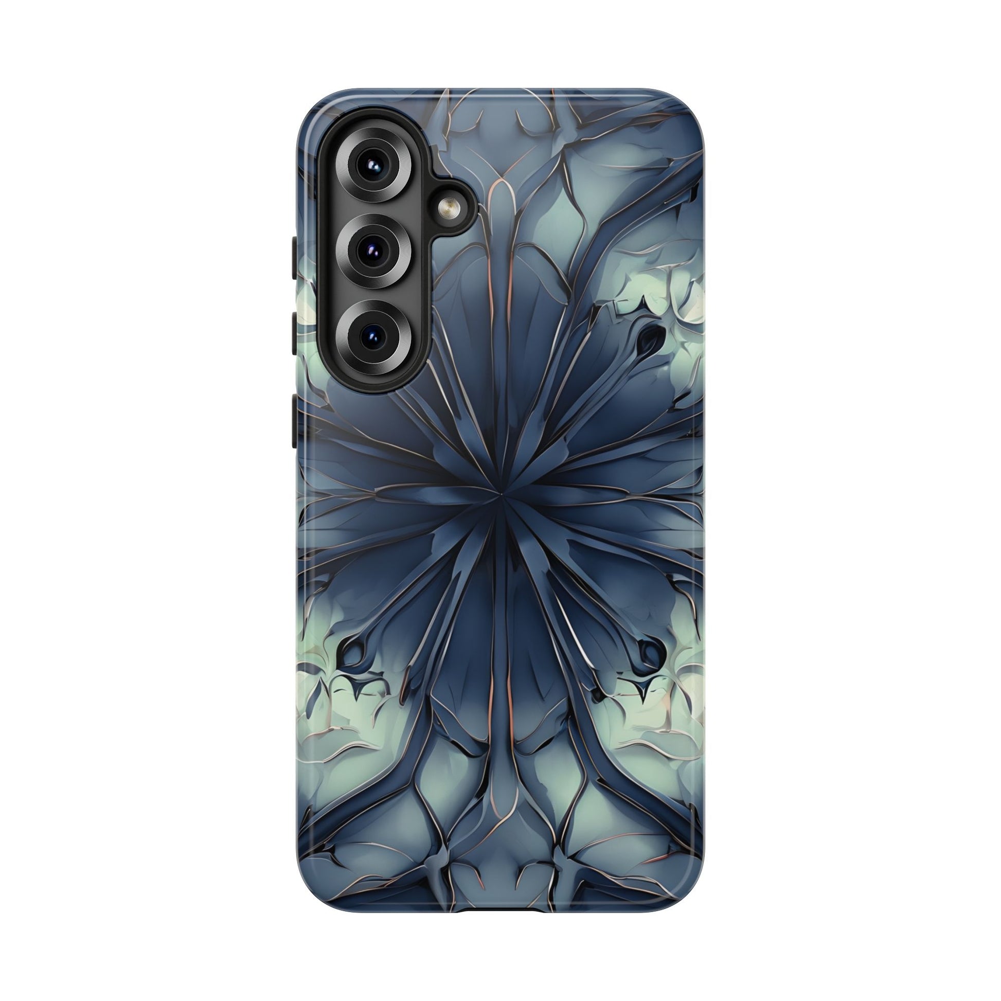Indigo Mosaic - Artistic Kaleidoscope Collection Artistic Floral - Samsung Galaxy S25 Plus Tough Phone Case - Bold Blue Symmetrical Design