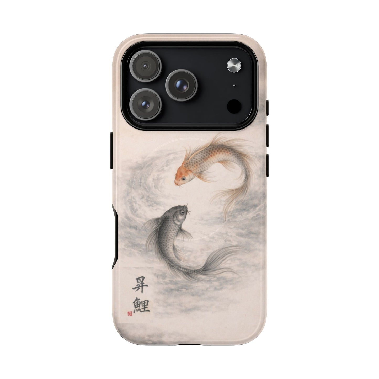 Rising Koi iPhone large camera cutout case – minimalist Japanese koi fish design, soft neutral tones with orange and black koi, slim protective phone case, elegant water-inspired artwork
