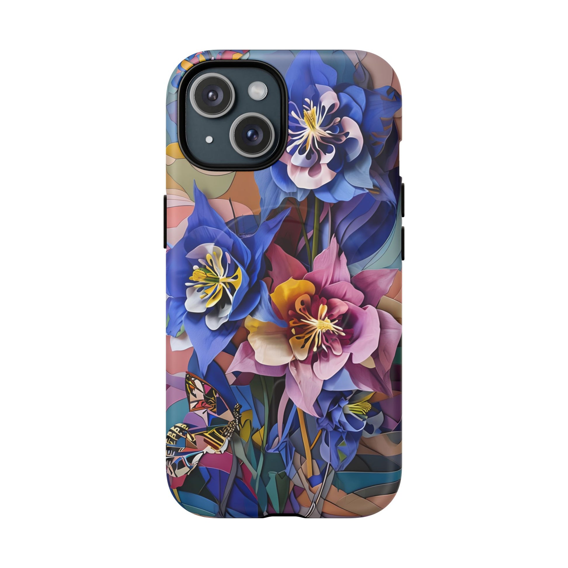 Blue Columbine Carnivale - Artistic Floral & Butterfly iPhone 15 MagSafe Phone Case - Vibrant Botanical Design