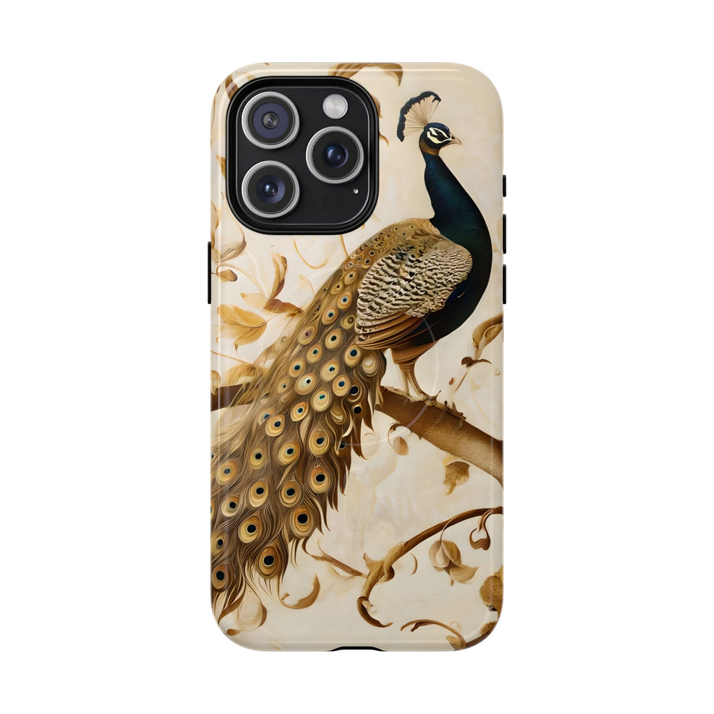 Golden Plumage - Luxe Peacock Art iPhone 15 Pro Max Phone Case - MagSafe Compatible - Elegant Gold & Cream Design