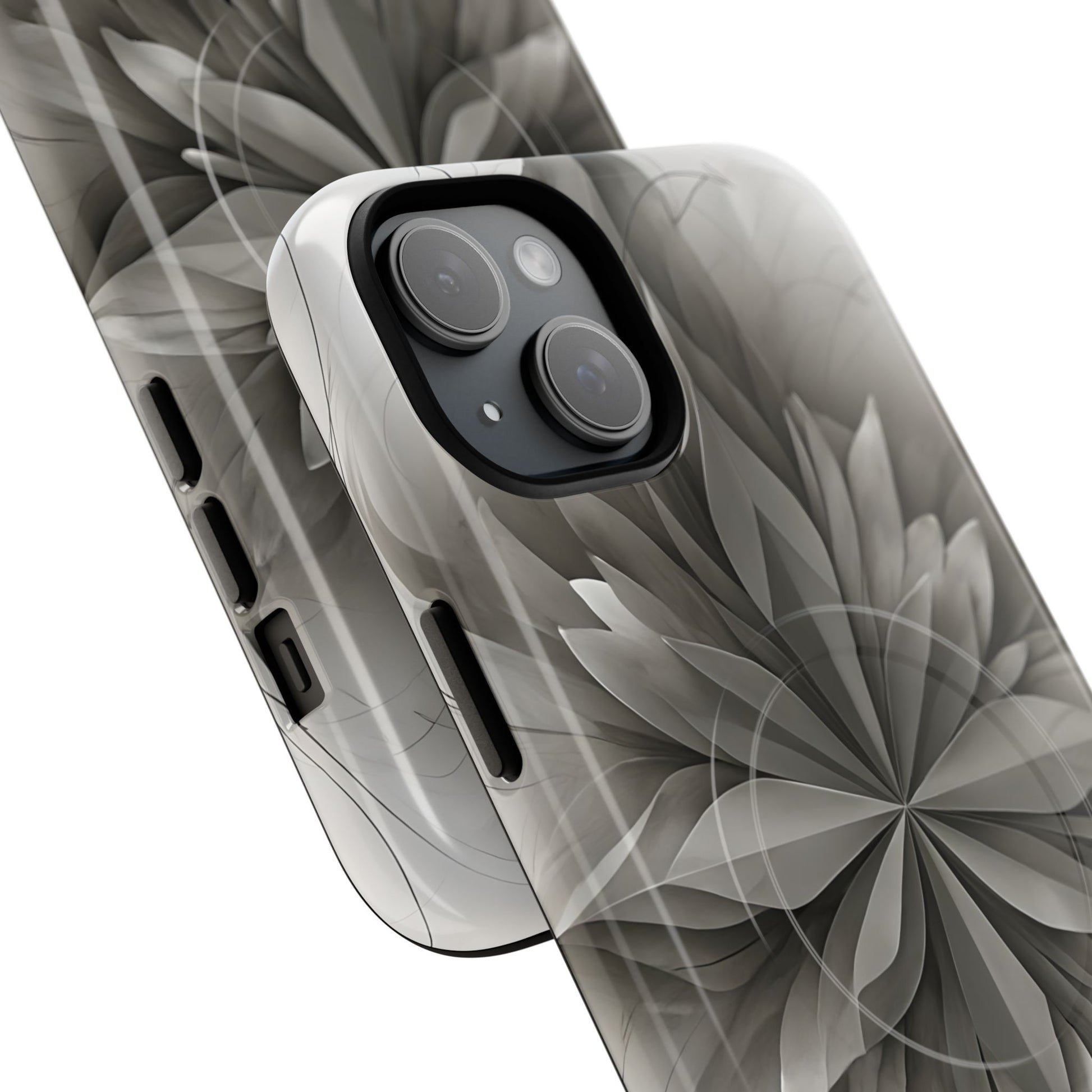 Silver Lotus - Elegant Monochrome Floral iPhone 15 Plus MagSafe Phone Case - Modern Lotus Design