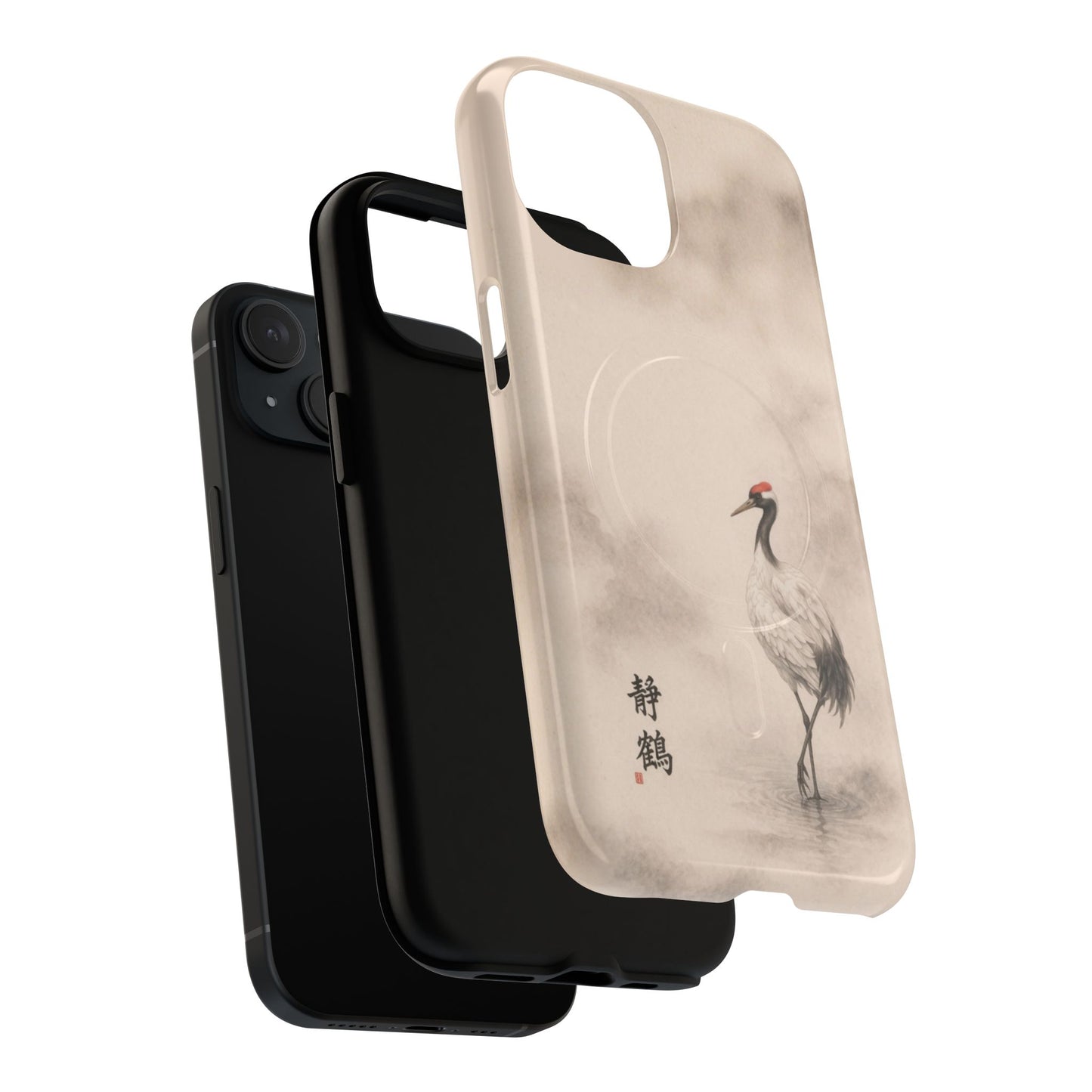 Serene Crane iPhone case showing dual-layer shock protection, minimalist Japanese crane design on neutral background, slim durable protective case.