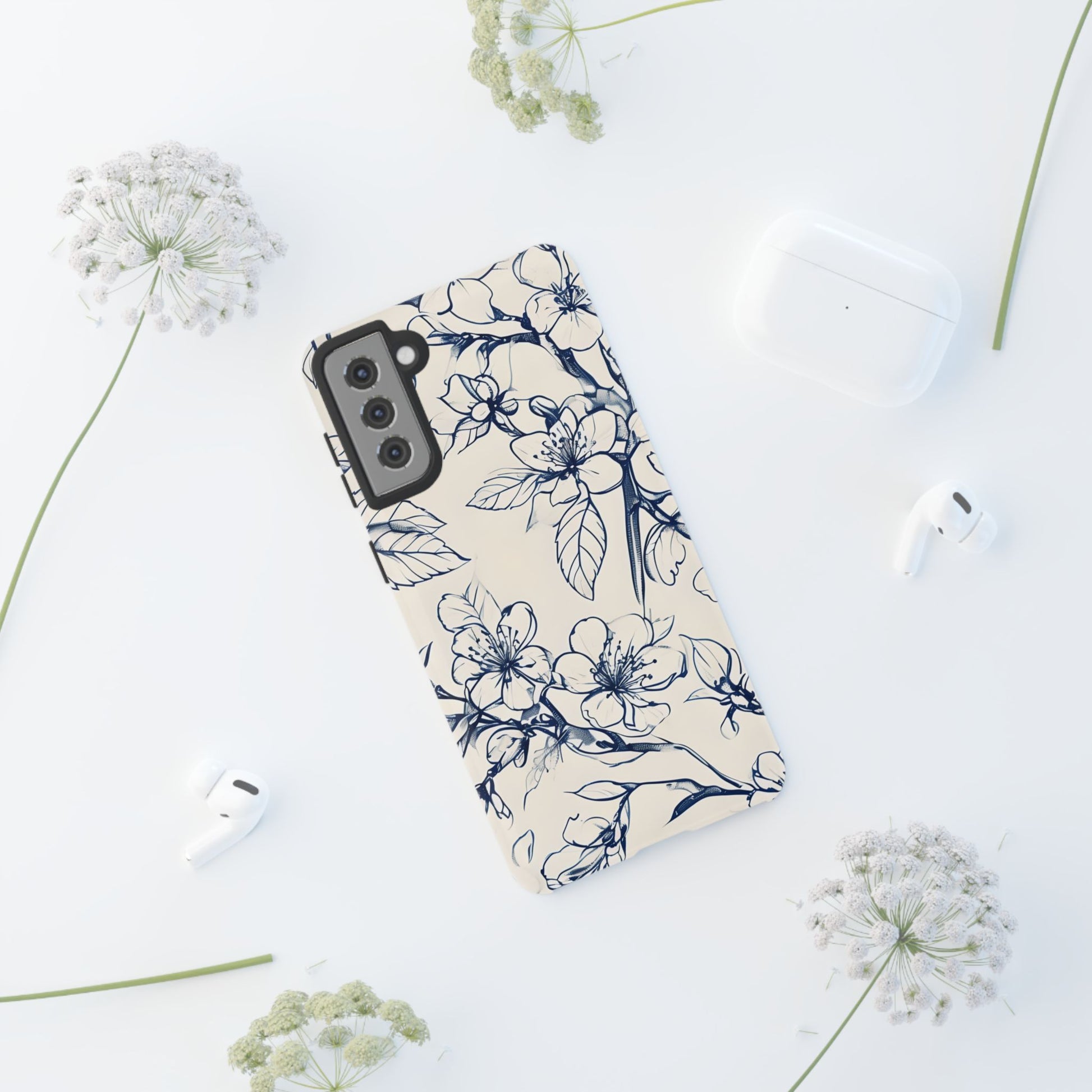 Blossom Sketch - Artistic Blue Floral Samsung Galaxy S21 Plus Tough Phone Case - Hand-Drawn Botanical Design
