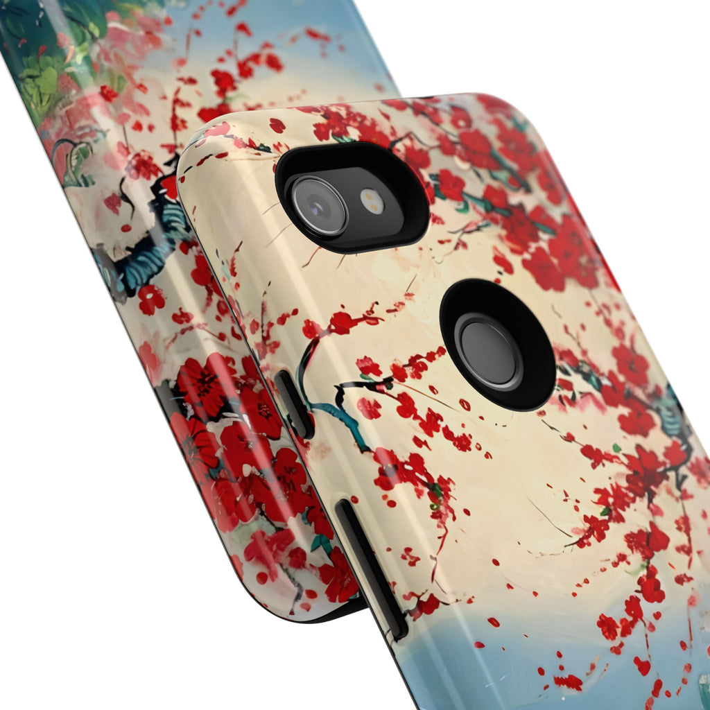 Crimson Blossom Lake - Artistic Floral Landscape Google Pixel 3a Tough Phone Case - Red Cherry Blossoms & Serene Lake Design