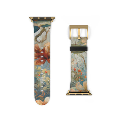 Artistic Waterlily Dreamscape Apple Watch band with floral water lily pattern inspired by impressionist garden colors with gold clasp