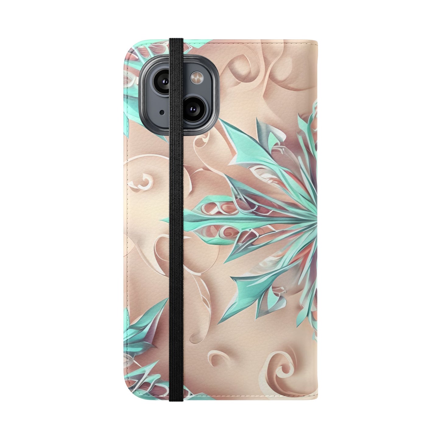 Frosted Petals iPhone Wallet Case - Soft Floral Kaleidoscope Design in Blush & Aqua