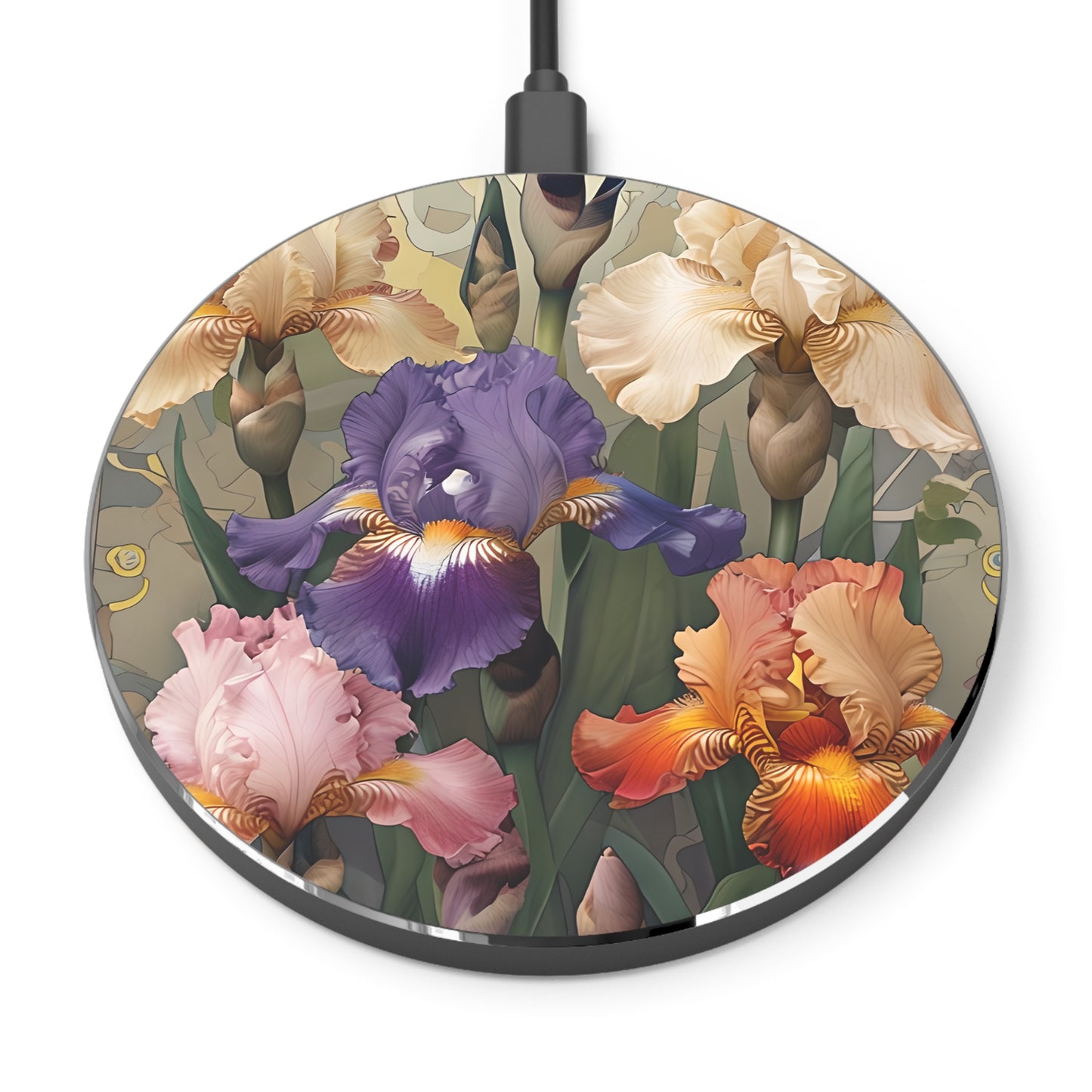 Iris Reverie iris flower art decorative Qi wireless charger with colorful botanical iris design