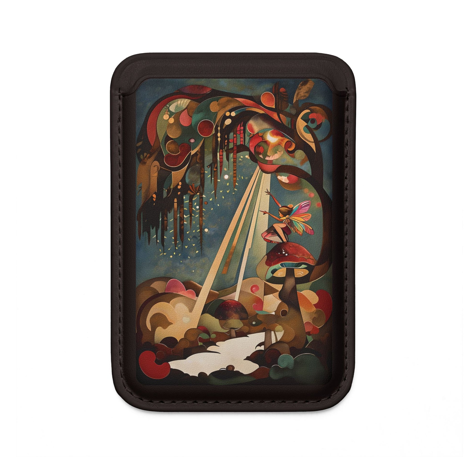 Enchanted Orchard woodland fairy mushroom artwork MagSafe card holder on black magnetic wallet