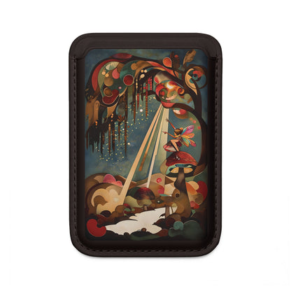 Enchanted Orchard woodland fairy mushroom artwork MagSafe card holder on black magnetic wallet