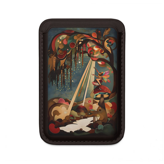 Enchanted Orchard woodland fairy mushroom artwork MagSafe card holder on black magnetic wallet