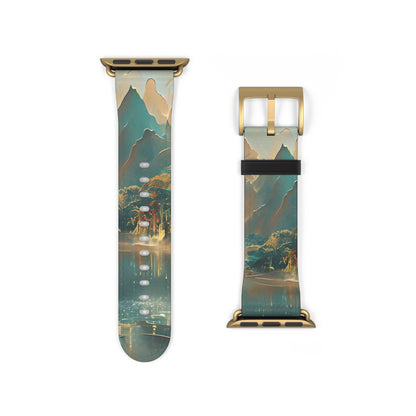 Misty Horizon Apple Watch band strap with gold clasp featuring scenic mountain horizon artwork with teal and golden accents