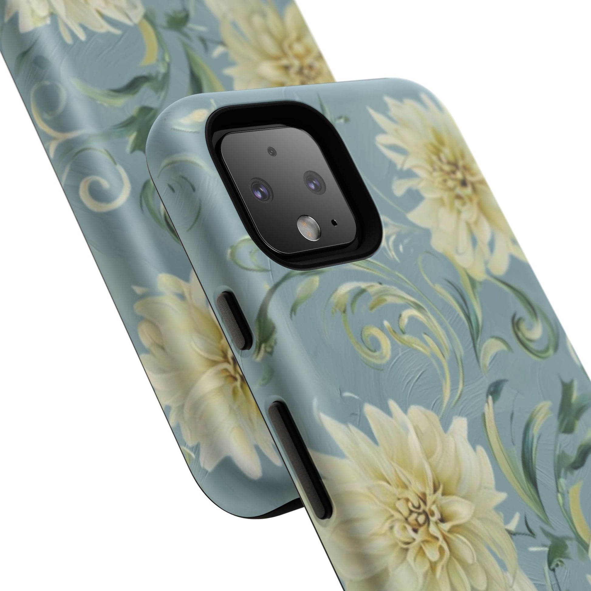 Golden Dahlia Trio - Elegant Floral Google Pixel 4 Tough Phone Case - Artistic White & Blue Dahlia Design