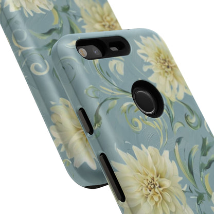 Golden Dahlia Trio - Elegant Floral Google Pixel Tough Phone Case - Artistic White & Blue Dahlia Design
