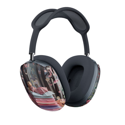 A Good Night’s Sleep AirPods Max cover set on Apple headphones, whimsical storybook‑style girl on stacked origami papers designed for Apple AirPods Max, angled side view