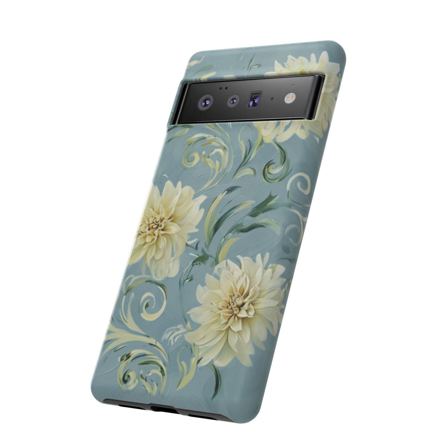 Golden Dahlia Trio - Elegant Floral Google Pixel Tough Phone Case - Artistic White & Blue Dahlia Design