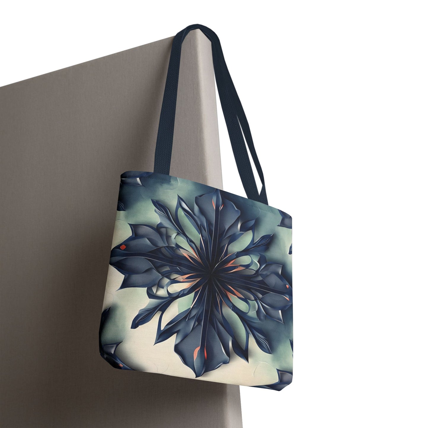 Frosted Indigo Bloom canvas tote bag hanging with frosted indigo floral bloom pattern