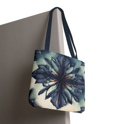 Frosted Indigo Bloom canvas tote bag hanging with frosted indigo floral bloom pattern