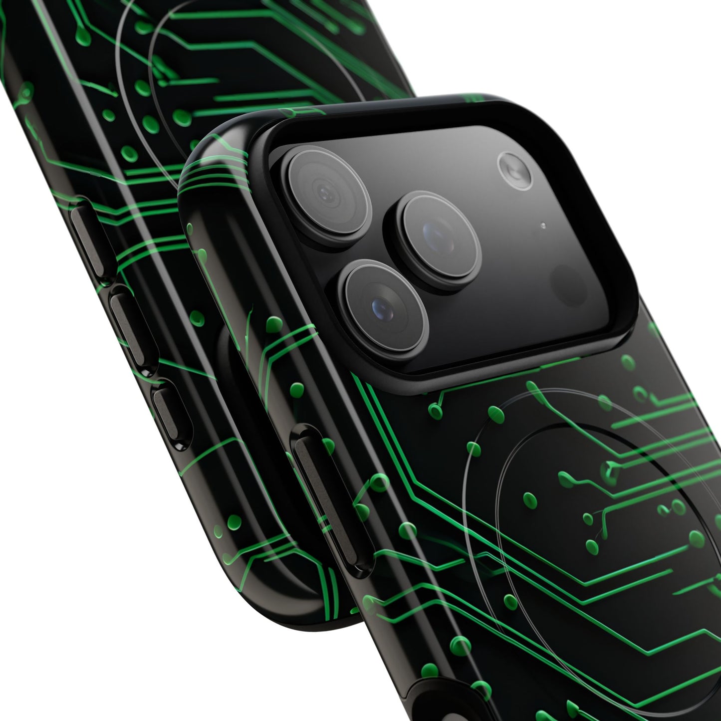 Green Circuit Grid iPhone MagSafe case with large camera cutout for Pro models