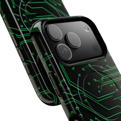 Green Circuit Grid iPhone MagSafe case with large camera cutout for Pro models