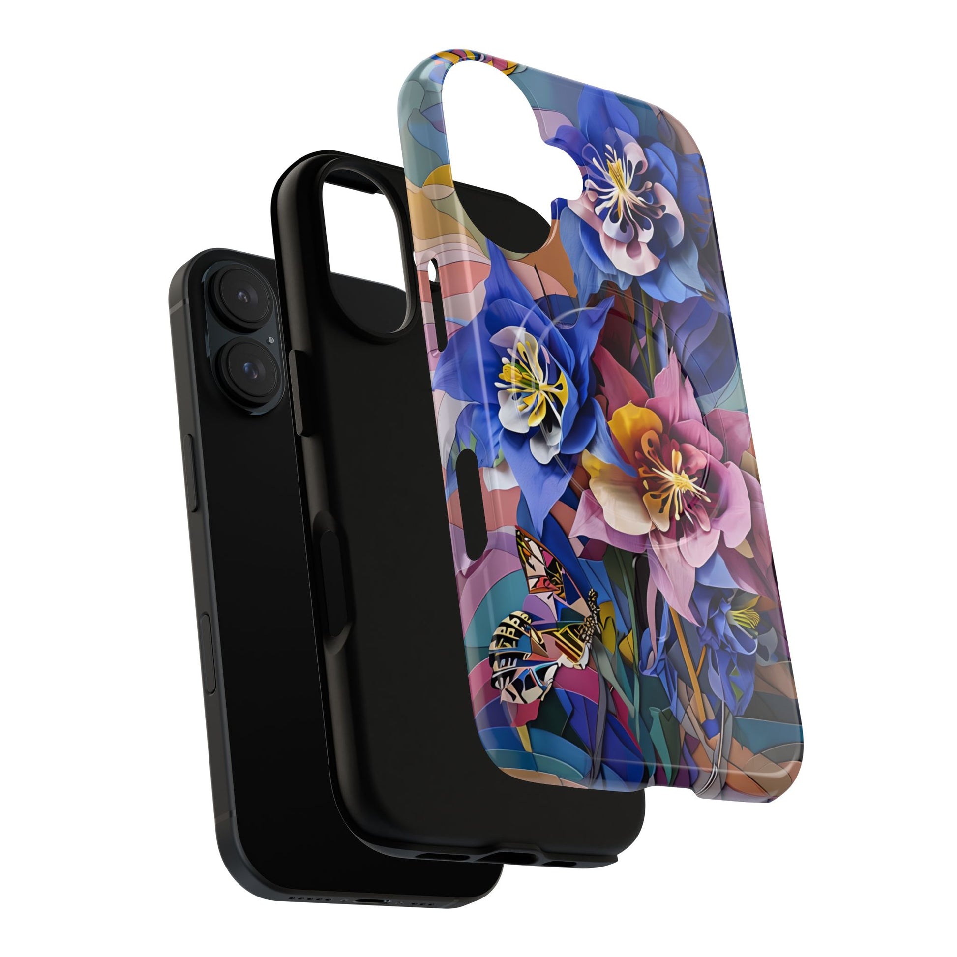 Blue Columbine Carnivale - Artistic Floral & Butterfly iPhone 16 MagSafe Phone Case - Vibrant Botanical Design